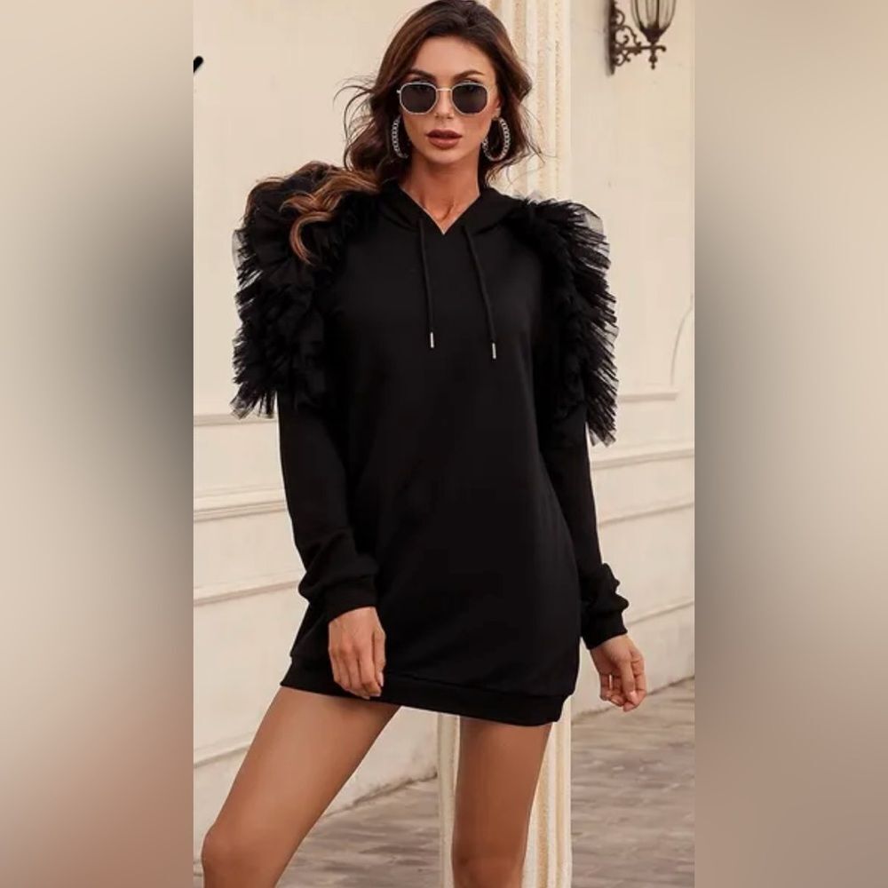 Miss Ord Elegant Black Ruffle  mesh Sleeve Hoodie Dress, S